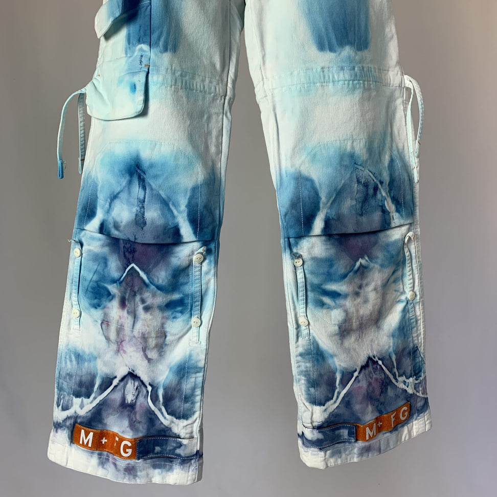 Blue and Purple Fractal Flow | French designer cargo pants | 33” waist