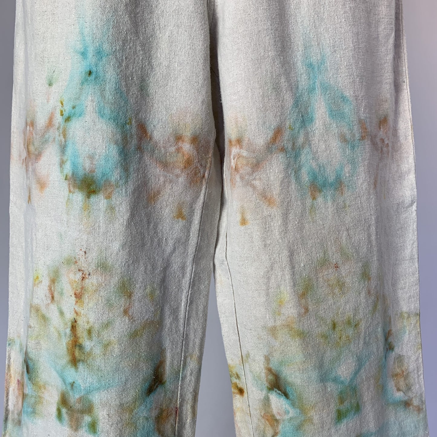 Bronze and Blue Pastel Fractals | Soft burlap wide leg pants | 30” waist